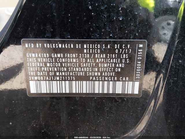 Продаж на аукціоні авто 2018 Volkswagen Jetta 1.4t Se/1.4t Wolfsburg Edition, vin: 3VWDB7AJ1JM211375, номер лоту: 44649344
