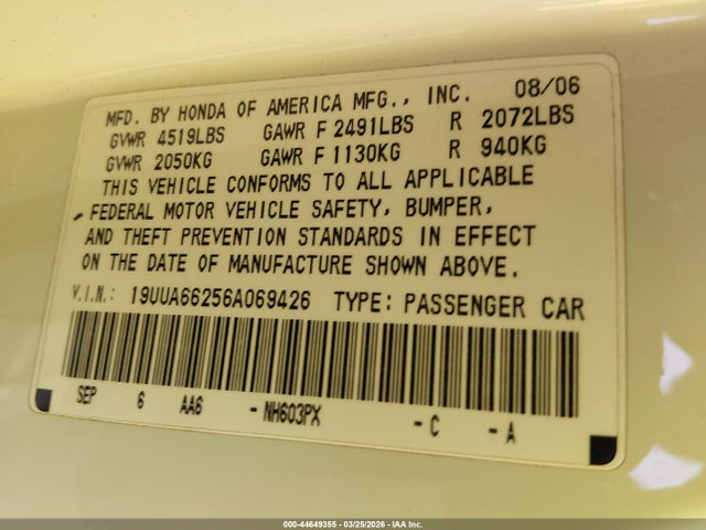 44649355 :رقم المزاد ، 19UUA66256A069426 vin ، 2006 Acura Tl مزاد بيع