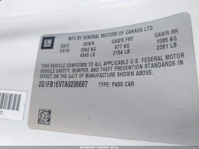 2010 Chevrolet Camaro 1lt მანქანა იყიდება აუქციონზე, vin: 2G1FB1EV7A9206687, აუქციონის ნომერი: 44649356
