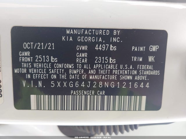 2022 Kia K5 Gt-line მანქანა იყიდება აუქციონზე, vin: 5XXG64J28NG121644, აუქციონის ნომერი: 44649359