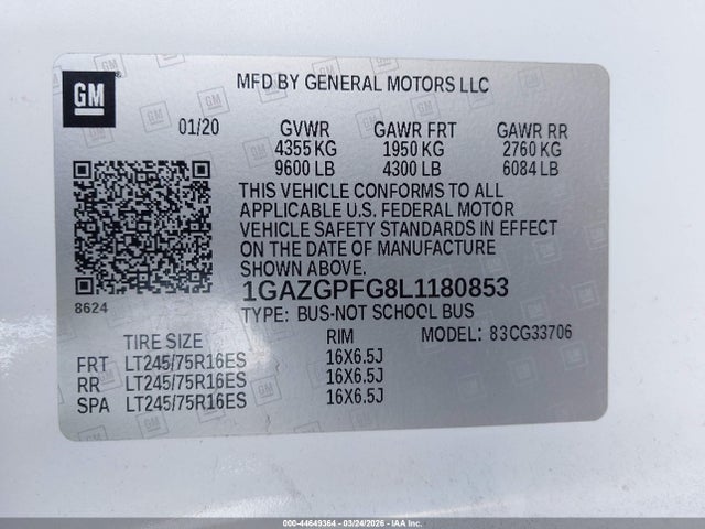 1GAZGPFG8L1180853 Chevrolet Express Passenger Rwd 3500 Extended Wheelbase Lt