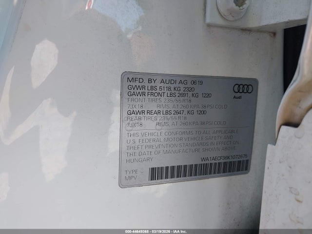 2019 Audi Q3 2.0t Premium მანქანა იყიდება აუქციონზე, vin: WA1AECF36K1072675, აუქციონის ნომერი: 44649368