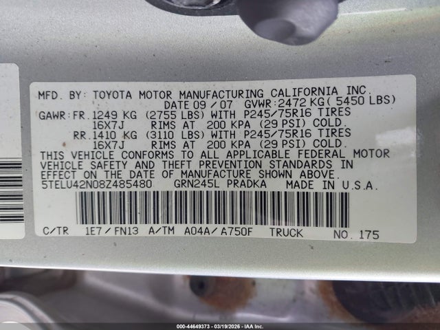 44649373 :رقم المزاد ، 5TELU42N08Z485480 vin ، 2008 Toyota Tacoma Base V6 مزاد بيع