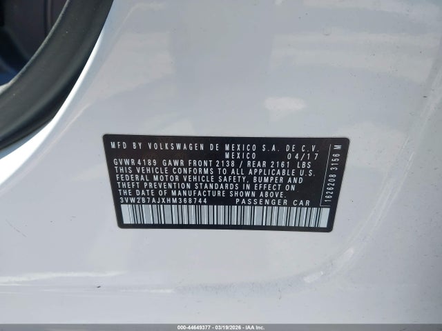 2017 Volkswagen Jetta 1.4t S მანქანა იყიდება აუქციონზე, vin: 3VW2B7AJXHM368744, აუქციონის ნომერი: 44649377