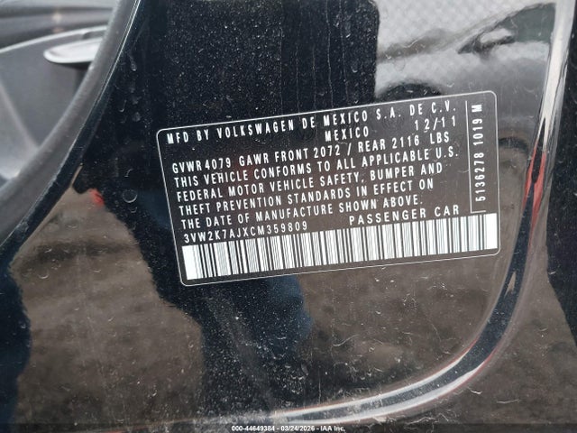 Aukcja sprzedaży 2012 Volkswagen Jetta 2.0l S, vin: 3VW2K7AJXCM359809, numer aukcji: 44649384