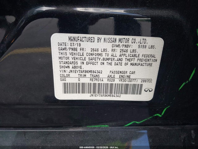 2019 Infiniti Q50 3.0t Sport მანქანა იყიდება აუქციონზე, vin: JN1EV7AR9KM594342, აუქციონის ნომერი: 44649389