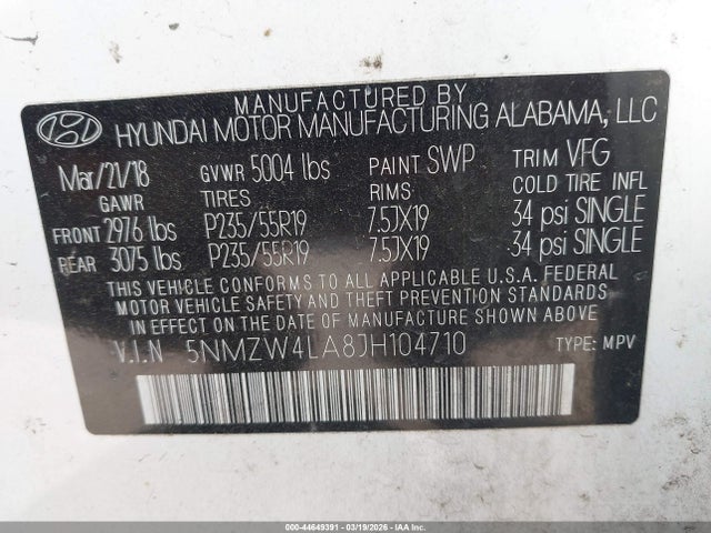 Aukcja sprzedaży 2018 Hyundai Santa Fe Sport 2.0t Ultimate, vin: 5NMZW4LA8JH104710, numer aukcji: 44649391