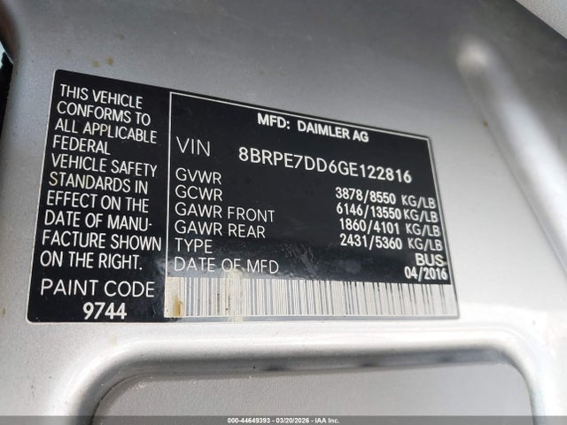 Aukcja sprzedaży 2016 Mercedes-benz Sprinter 2500 Normal Roof, vin: 8BRPE7DD6GE122816, numer aukcji: 44649393