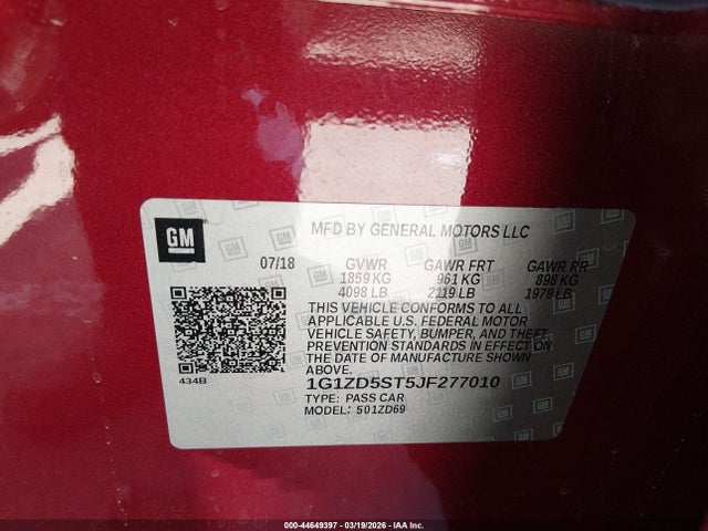 Продаж на аукціоні авто 2018 Chevrolet Malibu Lt, vin: 1G1ZD5ST5JF277010, номер лоту: 44649397