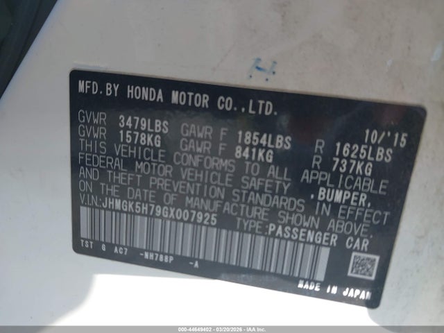 44649402 :رقم المزاد ، JHMGK5H79GX007925 vin ، 2016 Honda Fit Ex مزاد بيع