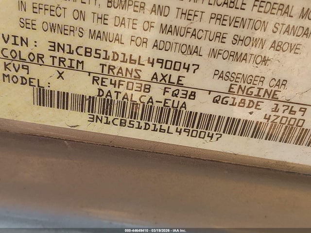 44649410 :رقم المزاد ، 3N1CB51D16L490047 vin ، 2006 Nissan Sentra 1.8 مزاد بيع
