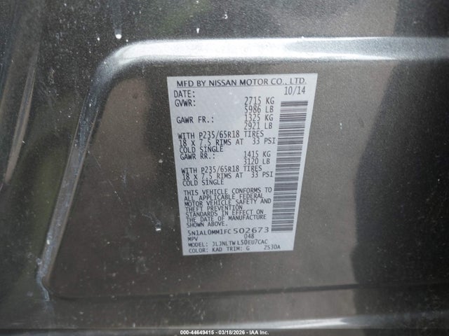 Aukcja sprzedaży 2015 Infiniti Qx60, vin: 5N1AL0MM1FC502673, numer aukcji: 44649415