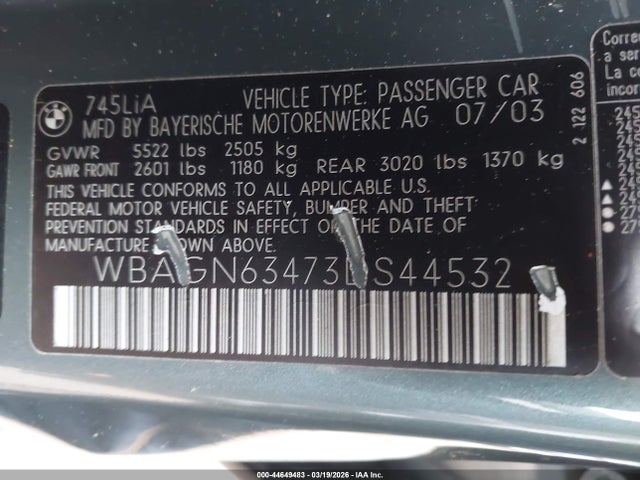 Продаж на аукціоні авто 2003 Bmw 745li, vin: WBAGN63473DS44532, номер лоту: 44649483
