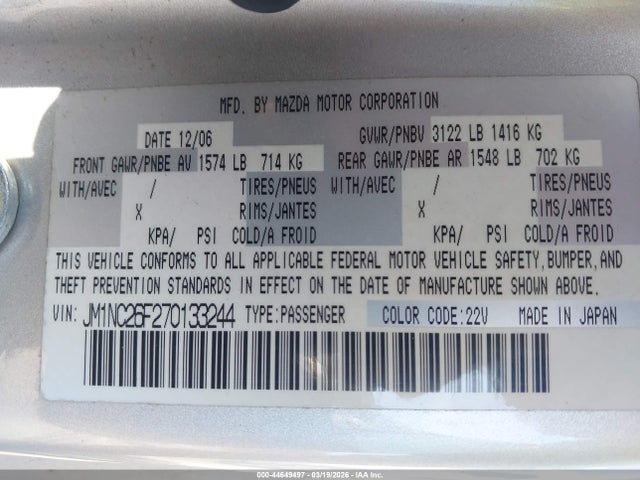 Продаж на аукціоні авто 2007 Mazda Mx-5 Miata, vin: JM1NC26F270133244, номер лоту: 44649497