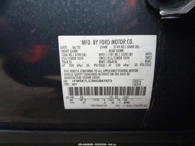 Aukcja sprzedaży 2022 Ford Explorer King Ranch, vin: 1FM5K7LC5NGB67673, numer aukcji: 44649499