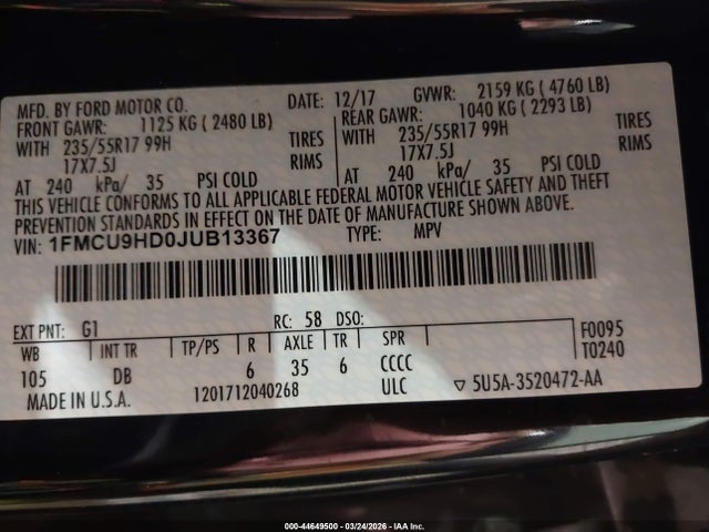 44649500 :رقم المزاد ، 1FMCU9HD0JUB13367 vin ، 2018 Ford Escape Sel مزاد بيع