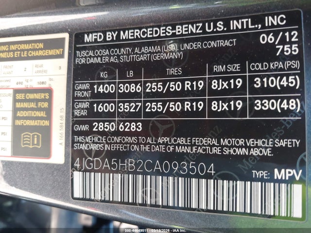 Aukcja sprzedaży 2012 Mercedes-benz Ml 350 4matic, vin: 4JGDA5HB2CA093504, numer aukcji: 44649511
