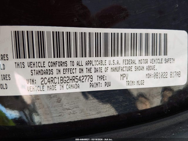 2017 Chrysler Pacifica Touring-l მანქანა იყიდება აუქციონზე, vin: 2C4RC1BG2HR542779, აუქციონის ნომერი: 44649521