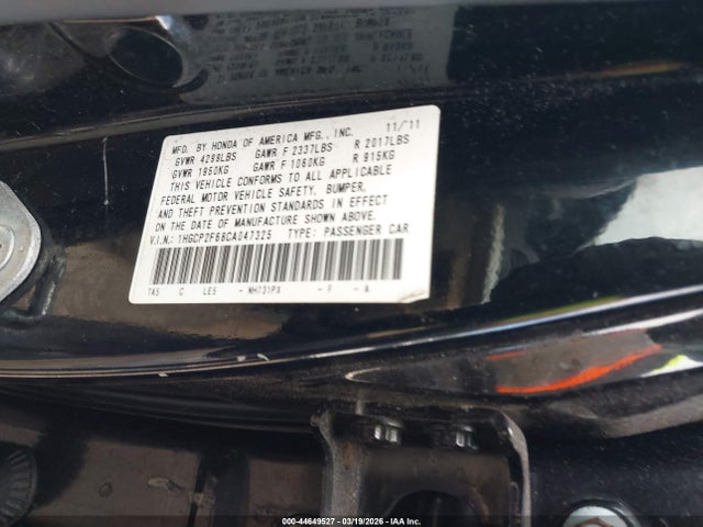 Aukcja sprzedaży 2012 Honda Accord 2.4 Se, vin: 1HGCP2F68CA047325, numer aukcji: 44649527