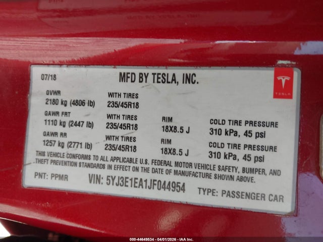 44649534 :رقم المزاد ، 5YJ3E1EA1JF044954 vin ، 2018 Tesla Model 3 Long Range/mid Range مزاد بيع