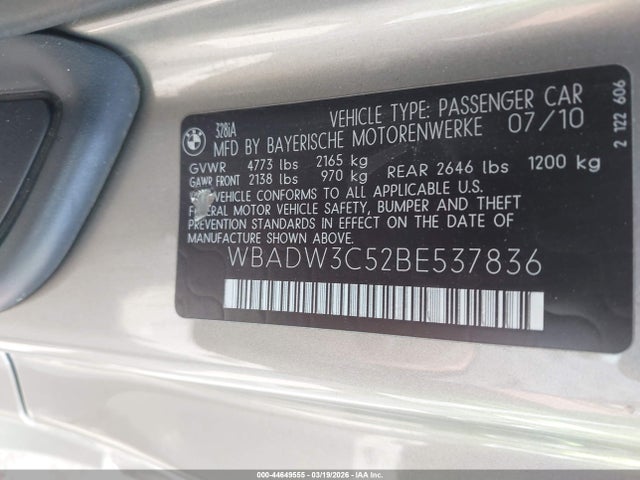 Aukcja sprzedaży 2011 Bmw 328i, vin: WBADW3C52BE537836, numer aukcji: 44649555