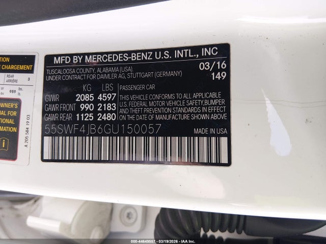 44649557 :رقم المزاد ، 55SWF4JB6GU150057 vin ، 2016 Mercedes-benz C 300 مزاد بيع