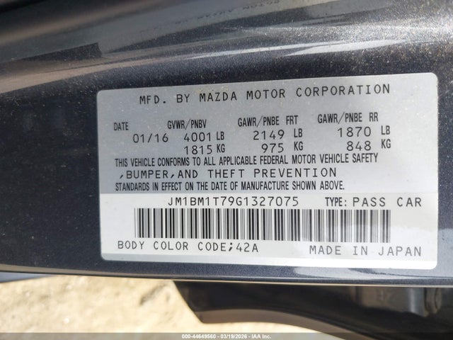 44649560 :رقم المزاد ، JM1BM1T79G1327075 vin ، 2016 Mazda Mazda3 I Sport مزاد بيع