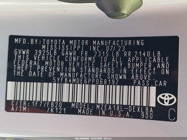 Auction sale of the 2023 Toyota Corolla Le, vin: 5YFB4MDE6PP068197, lot number: 44649565