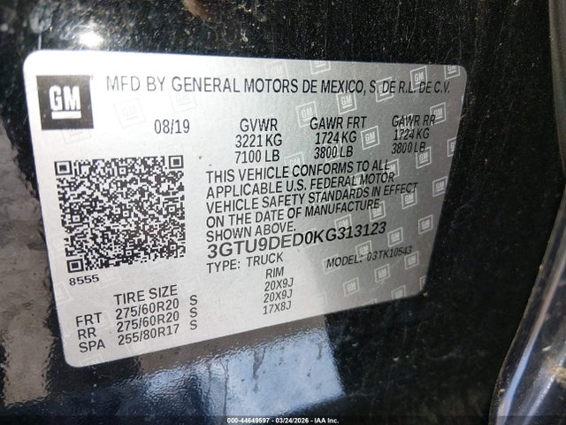 Продажа на аукционе авто 2019 Gmc Sierra 1500 Slt, vin: 3GTU9DED0KG313123, номер лота: 44649597