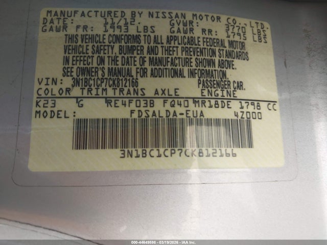 Продажа на аукционе авто 2012 Nissan Versa 1.8 S, vin: 3N1BC1CP7CK812166, номер лота: 44649598