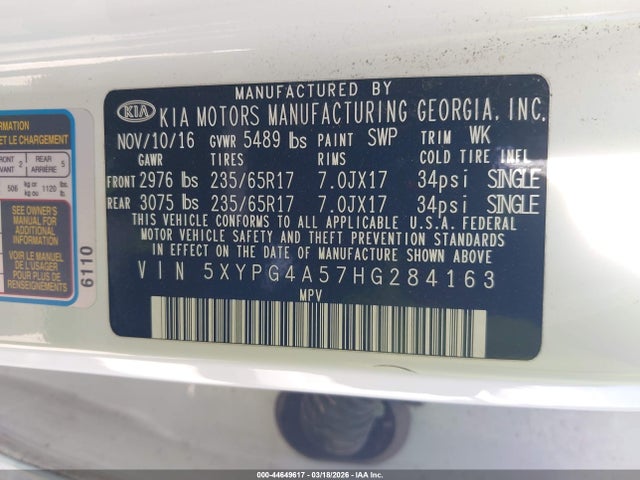 5XYPG4A57HG284163 KIA Sorento 3.3l Lx