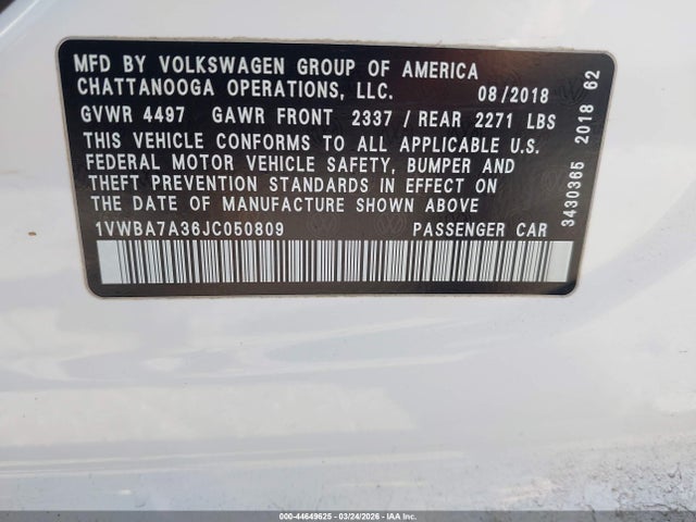 Aukcja sprzedaży 2018 Volkswagen Passat 2.0t Se, vin: 1VWBA7A36JC050809, numer aukcji: 44649625