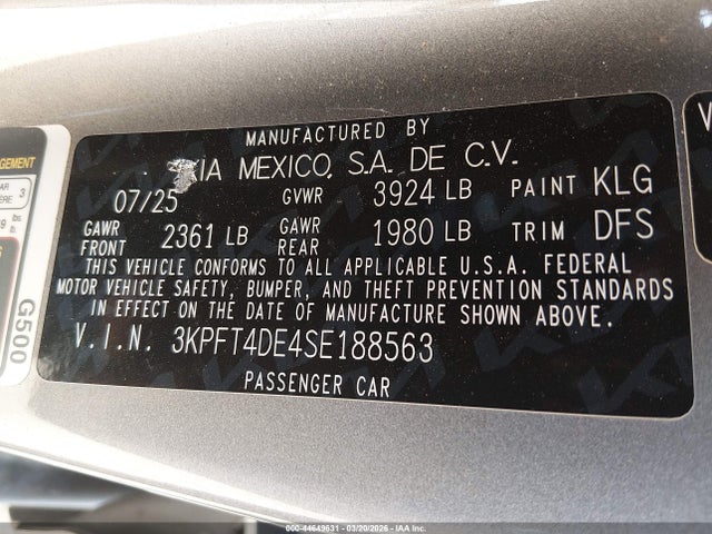 Aukcja sprzedaży 2025 Kia K4 Lxs, vin: 3KPFT4DE4SE188563, numer aukcji: 44649631