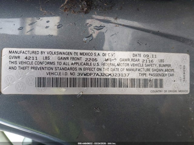Продаж на аукціоні авто 2012 Volkswagen Jetta 2.5l Se, vin: 3VWDP7AJ2CM323137, номер лоту: 44649632