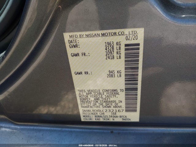 Продажа на аукционе авто 2020 Nissan Altima Sr Fwd, vin: 1N4BL4CV0LC232167, номер лота: 44649646