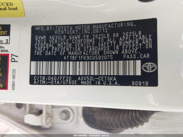Продажа на аукционе авто 2012 Toyota Camry Se, vin: 4T1BF1FK9CU592075, номер лота: 44649652