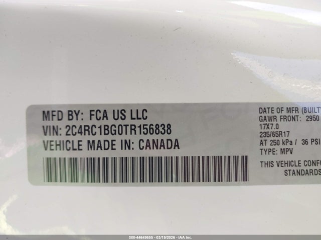 2026 Chrysler Pacifica Select მანქანა იყიდება აუქციონზე, vin: 2C4RC1BG0TR156838, აუქციონის ნომერი: 44649655