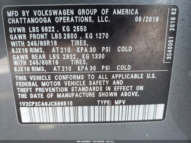 Aukcja sprzedaży 2018 Volkswagen Atlas 2.0t Se, vin: 1V2CP2CA8JC596515, numer aukcji: 44649657