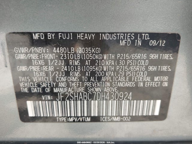 44649662 :رقم المزاد ، JF2SHABC7DH430924 vin ، 2013 Subaru Forester 2.5x مزاد بيع