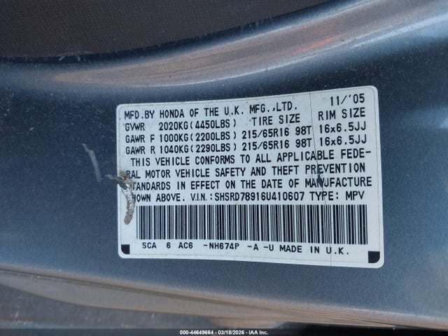 2006 Honda Cr-v Se მანქანა იყიდება აუქციონზე, vin: SHSRD78916U410607, აუქციონის ნომერი: 44649664