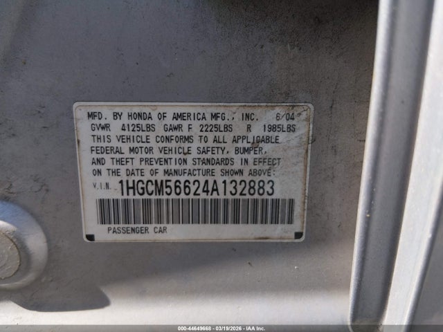 Auction sale of the 2004 Honda Accord 2.4 Ex, vin: 1HGCM56624A132883, lot number: 44649668