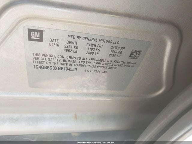 Aukcja sprzedaży 2016 Buick Lacrosse Leather, vin: 1G4GB5G3XGF194559, numer aukcji: 44649684