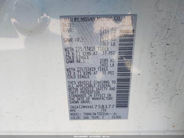 44649688 :رقم المزاد ، 5N1AT2MVXKC758177 vin ، 2019 Nissan Rogue Sl مزاد بيع