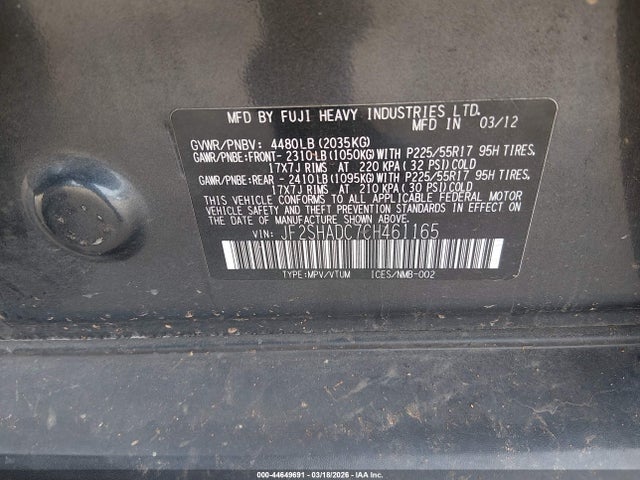 Aukcja sprzedaży 2012 Subaru Forester 2.5x Premium, vin: JF2SHADC7CH461165, numer aukcji: 44649691