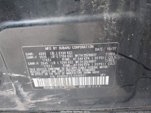 2018 Subaru Outback 2.5i Premium მანქანა იყიდება აუქციონზე, vin: 4S4BSAFC3J3244831, აუქციონის ნომერი: 44649700