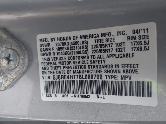 44649703 :رقم المزاد ، 5J6RE4H77BL068700 vin ، 2011 Honda Cr-v Ex-l مزاد بيع