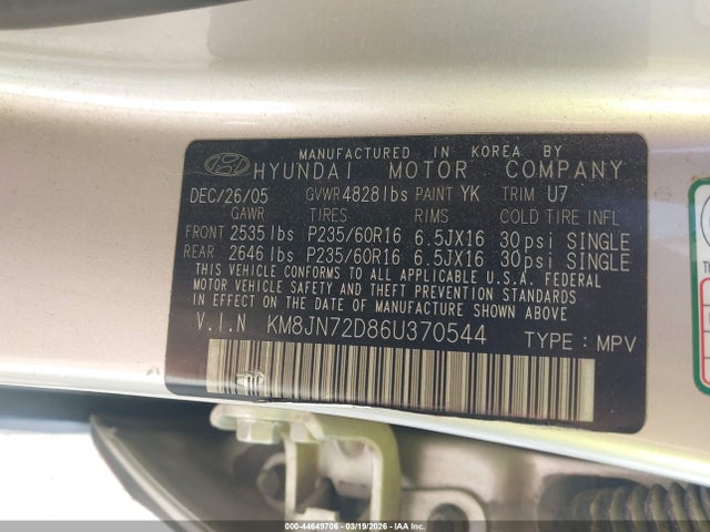 2006 Hyundai Tucson Gls/limited მანქანა იყიდება აუქციონზე, vin: KM8JN72D86U370544, აუქციონის ნომერი: 44649706