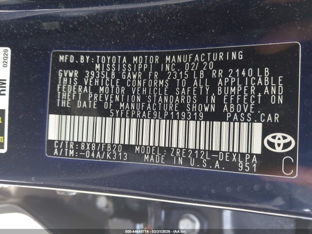 44649716 :رقم المزاد ، 5YFEPRAE9LP119319 vin ، 2020 Toyota Corolla Le مزاد بيع