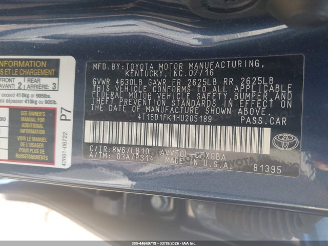 4T1BD1FK1HU205189 Toyota Camry Hybrid Xle