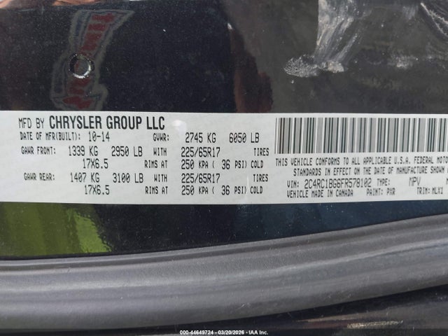Aukcja sprzedaży 2015 Chrysler Town & Country Touring, vin: 2C4RC1BG6FR578102, numer aukcji: 44649724